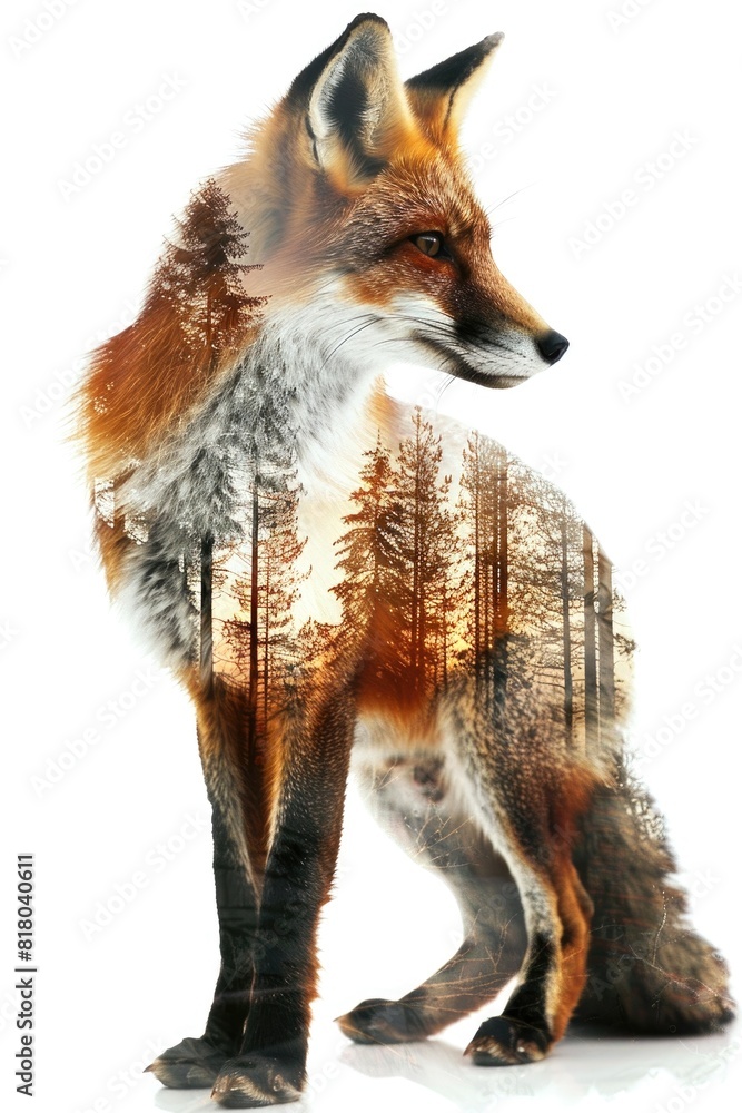Majestic Double Exposure Fox Blended with Forest Landscape