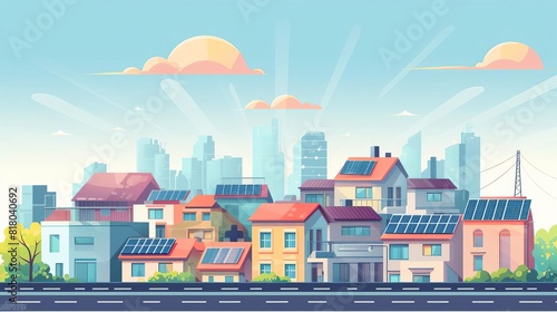 urban solar installation flat design front view city rooftops theme cartoon drawing colored pastel