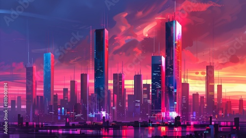 Futuristic city skyline at sunset with tall skyscrapers reflecting vibrant pink and blue hues