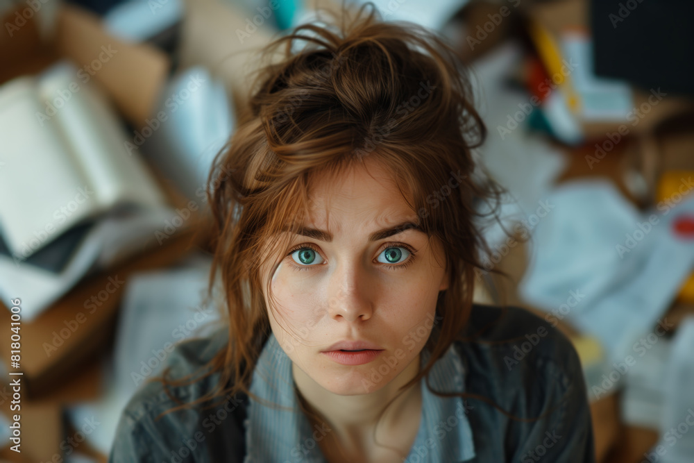 A tired and dissatisfied student against the background of large stack of papers on her desk, looking overwhelmed by the workload ahead of her A tired and dissatisfied student against the background of large stack of papers on her desk, looking overwhelmed by the workload ahead of her