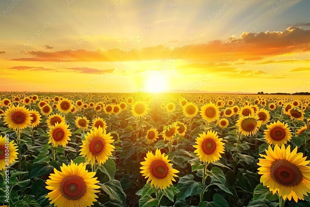 Fototapeta premium Vast field of blooming sunflowers at sunset