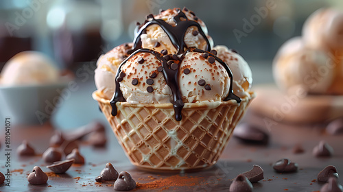 Chocolate ice cream with chocolate sauce, in black bowl, isolated on white background  © TP SHOTS