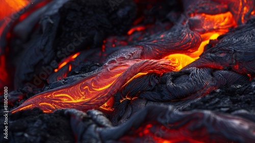 A close-up view of molten lava flowing with intense red and orange flames  highlighting the fiery nature of the volcanic activity