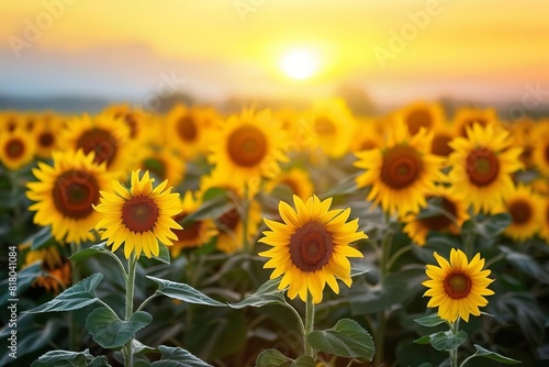 Vast field of blooming sunflowers at sunset