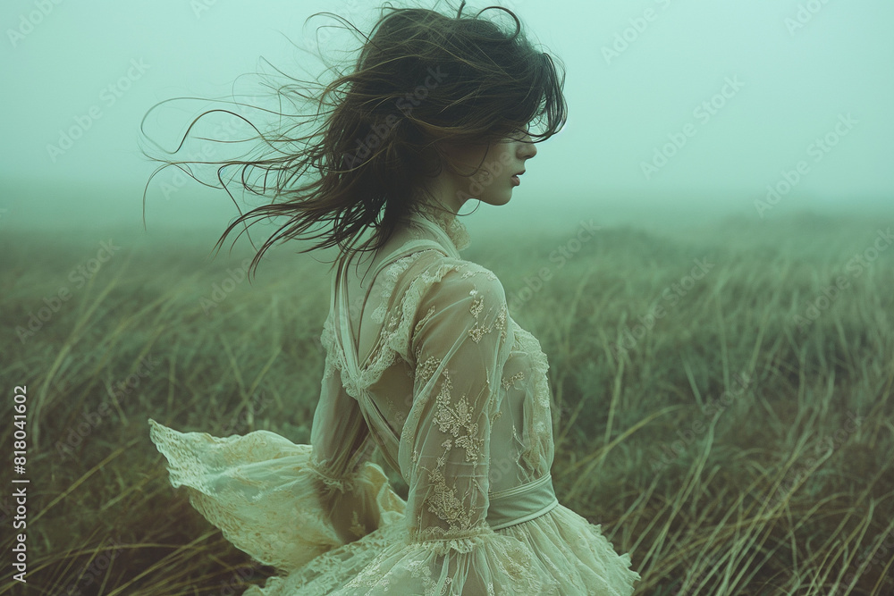 Obraz premium A woman in a white dress is walking through a field of tall grass. Lonely Sadness, Chasing love, the feelings dream of to fill the void of loneliness.
