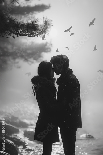 A couple is kissing in the rain, with birds flying in the background