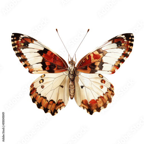 A colorful butterfly with orange, yellow, and black wings isolated on a white background