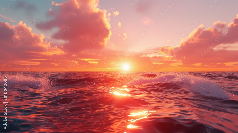 A photorealistic image of a vibrant sunrise over a calm ocean, with the sun's rays gently illuminating the breaking waves and casting a warm glow on the horizon. A photorealistic image of a vibrant sunrise over a calm ocean, with the sun's rays gently illuminating the breaking waves and casting a warm glow on the horizon.