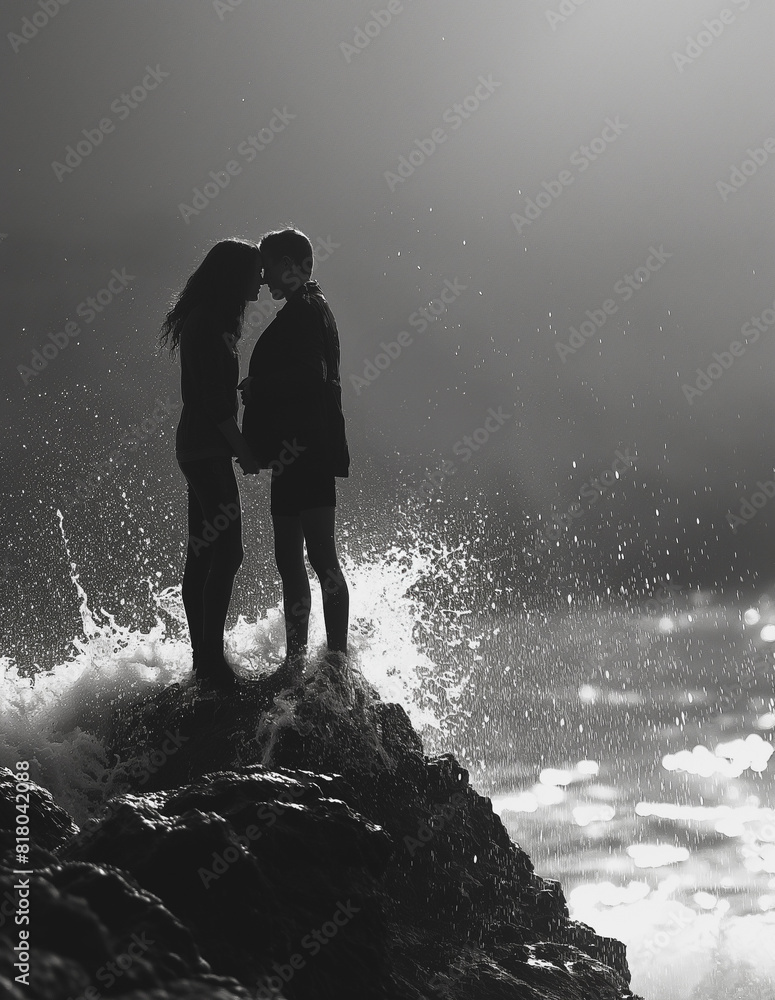 Fototapeta premium A couple is kissing on a rock by the ocean, LOVE Romantic,