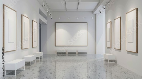 Interior view of a white gallery space with various framed pictures hanging neatly on the walls.