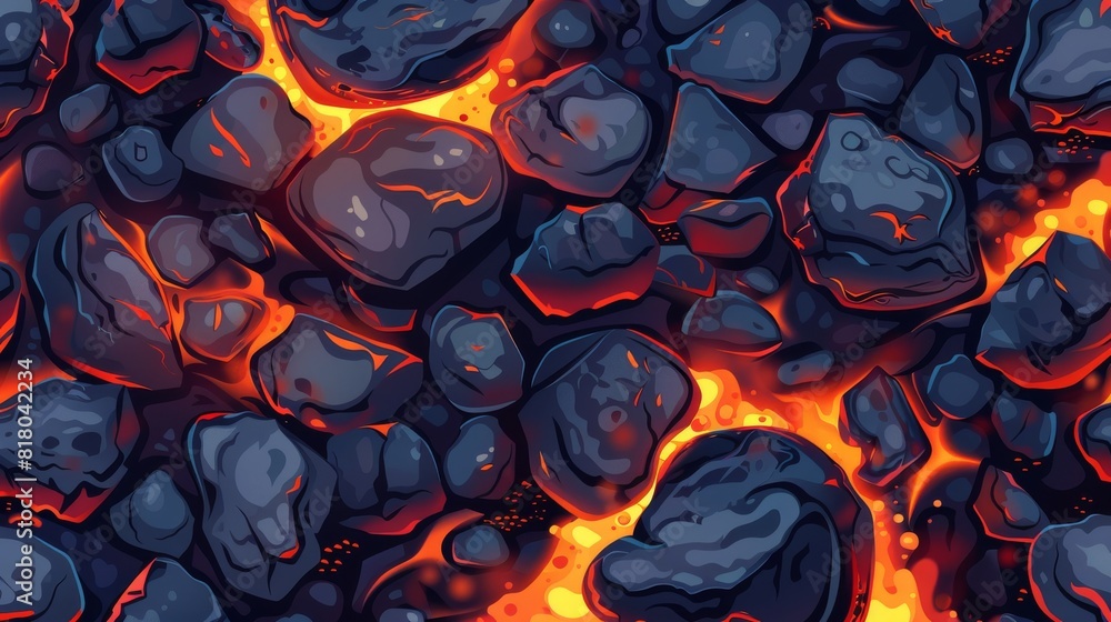 Lava streaming through rocky terrain in a volcanic landscape Lava streaming through rocky terrain in a volcanic landscape