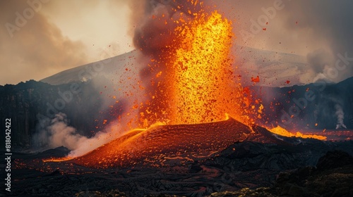 A powerful image of a volcanic eruption captured from a safe distance, showcasing the raw power of nature.