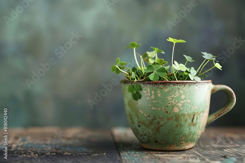 Whimsical coffee cup with clovers growing out of it, symbolizing luck photo