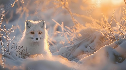 White arctic fox in a snowy environment, symbolizing purity and survival © nattapon98