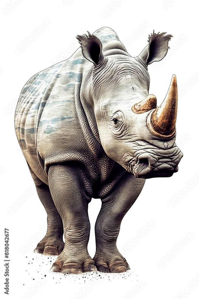 Fototapeta premium Rhinoceros Image, for Stickers, T-shirt Print, Cap, Mug, Slippers, Mousepad, with Transparent Background PNG