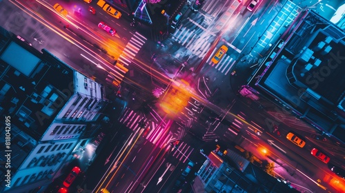 Aerial view of a busy city intersection at night with vibrant neon lights and traffic