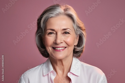 Portrait of a mature businesswoman with gray hair and white shirt aganist a dark pink background photo