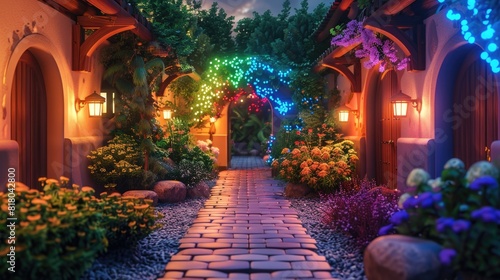 A beautiful garden path leads through a lush garden.