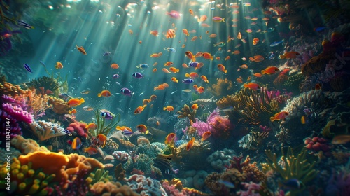 Vibrant Underwater Coral Reef with Diverse Marine Life and Sunlight Rays