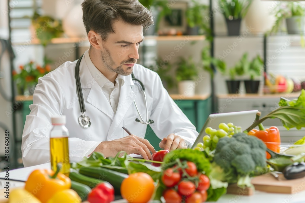 Health professional creating a delicious menu with a variety of fruits and vegetables Health professional creating a delicious menu with a variety of fruits and vegetables