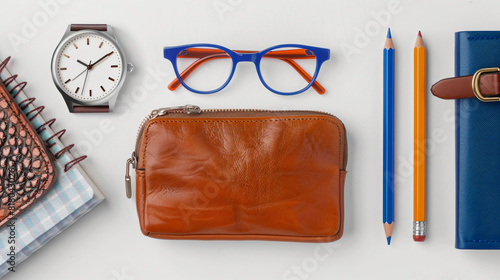 Composition with pencil case eyeglasses wrist watch 