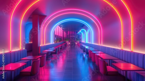 A futuristic restaurant with neon lights and modern furniture. 