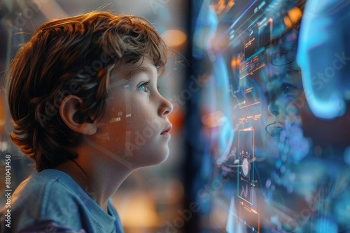 Young boy looking at a futuristic hologram, symbolizing the next generation of learners