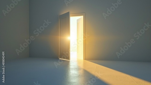 Bright light shining through open door in minimalist room at dawn