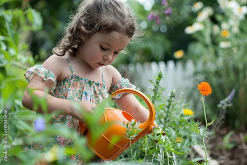 Young girl watering plants in a garden