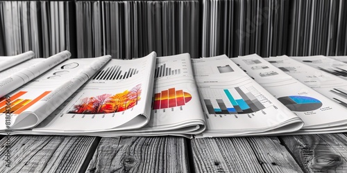 A collection of newspapers laid out with graphs and charts displayed on their pages, illustrating various statistical data