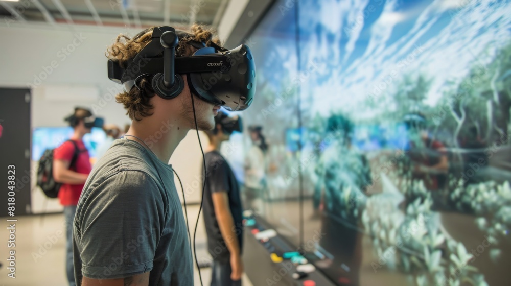 A man immersed in virtual reality, wearing a headset, stands in front of a massive screen. A man immersed in virtual reality, wearing a headset, stands in front of a massive screen.