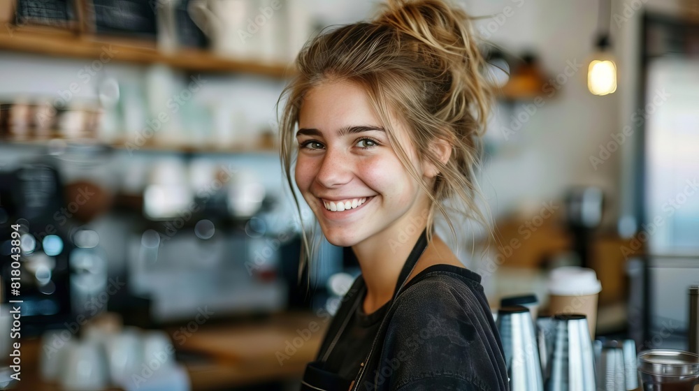 Young woman smiling in a coffee shop, representing urban lifestyle and youth