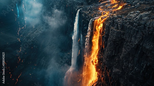 This is a photograph of a waterfall that appears to be on fire, with flames flowing down a steep cliff 