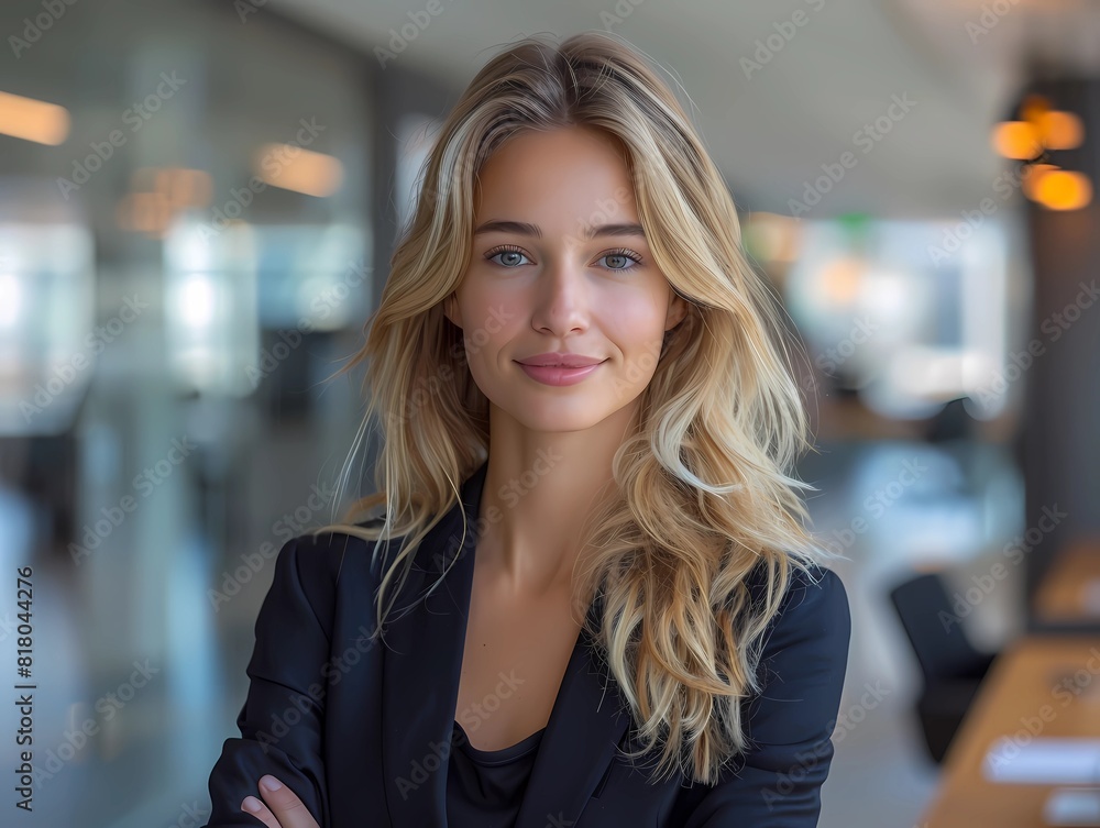 A young female employee smiles in the office A young female employee smiles in the office