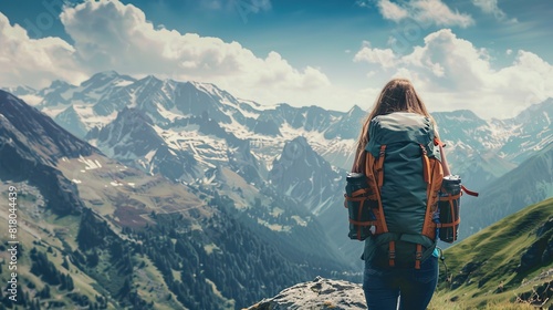 Travel tourism mountains holiday photo - Girl with backpack walking and hiking on Alps 