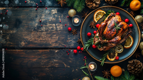 Baked turkey with rosmary, food photo, restaurant serving, mouth-watering food, light boke, bunch of christmas tree, festive, wooden table and wall, orange slices, smoke