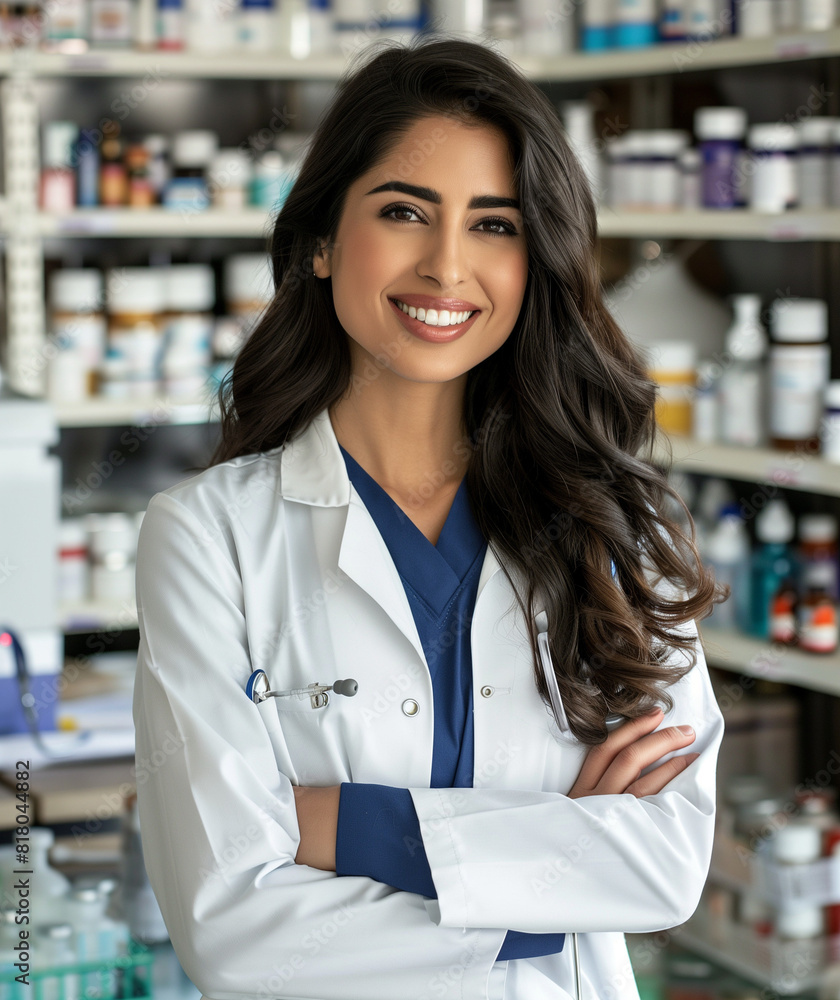 A beautiful young woman with long dark brown hair stands in front of shelves filled to the brim with various medical supplies, wearing a white lab coat.