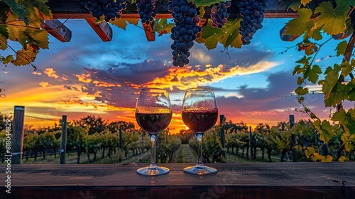 Two nearly full wine glasses are sitting in a lush grape arbor at sunset. The sky is a vibrant blend of orange, blue,  photo