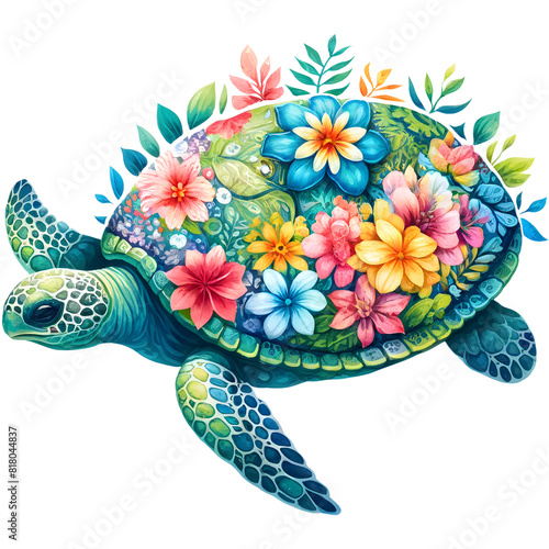 Floral Sea Turtle Watercolor Clipart with transparent background