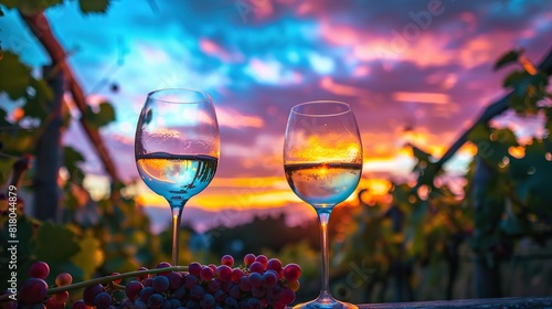 Two nearly full wine glasses are sitting in a lush grape arbor at sunset. The sky is a vibrant blend of orange, blue, 