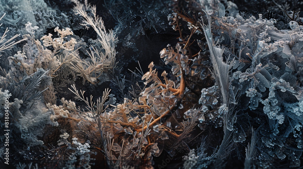 An abstract composition of frozen plant elements, their shapes and textures distorted and reimagined, creating a mesmerizing and otherworldly visual experience. An abstract composition of frozen plant elements, their shapes and textures distorted and reimagined, creating a mesmerizing and otherworldly visual experience.
