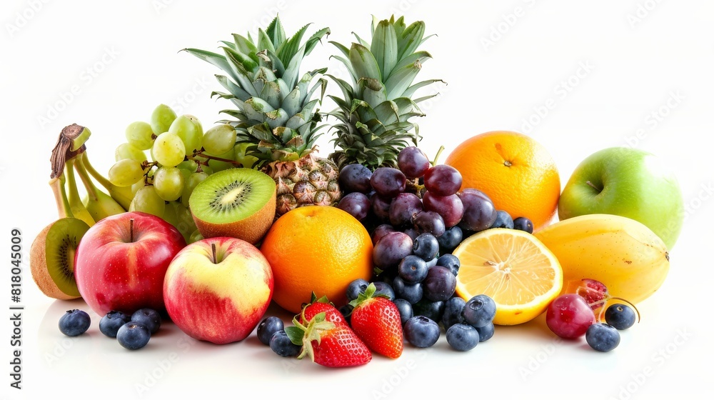 A variety of fruits on a white background including apples, grapes, pineapple, kiwi, oranges, blueberries, strawberries, and bananas.