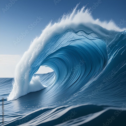 Amazing perfect wave. A perfect big barrel wave breaking ocean. Tropical blue surfing wave. Beautiful deep blue tube wave in the wild sea. Spectacular shot of wild barrel wave.