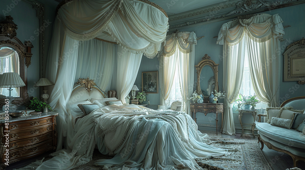 A romantic vintage bedroom with a canopy bed draped in sheer fabrics, a ...
