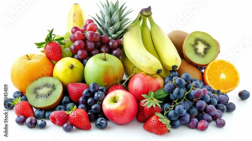 A variety of fruits including apples, bananas, grapes, pineapple, kiwi, and strawberries © Sittipol 
