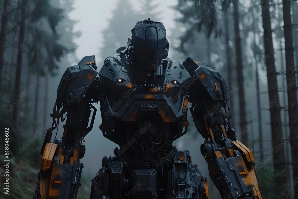 A robot with yellow and black color is walking through a forest A robot with yellow and black color is walking through a forest