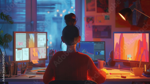 ilustración chica trabajando en la noche frente a su computadora   photo