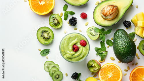 Composition with tasty avocado smoothie and fresh fruits