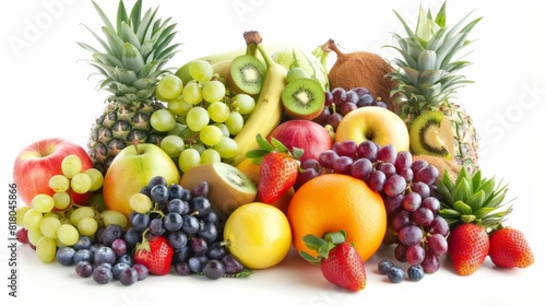 A variety of fruits including apples  grapes  bananas  pineapple  kiwi  and strawberries