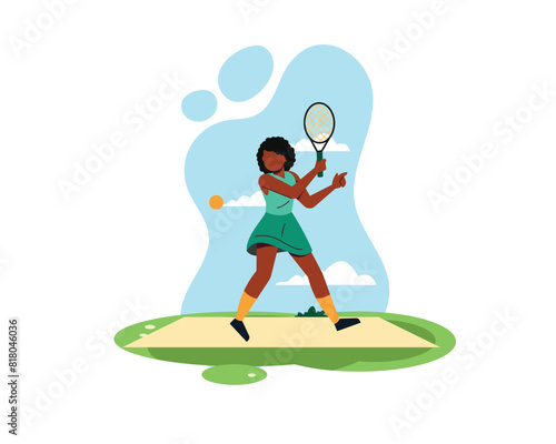 Young woman preparing to hit a tennis ball in tennis practice. Sport and recreation activities in flat style design. healty life illustration